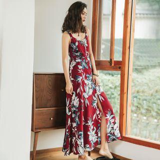 Floral Print Open Back Sleeveless Midi Dress