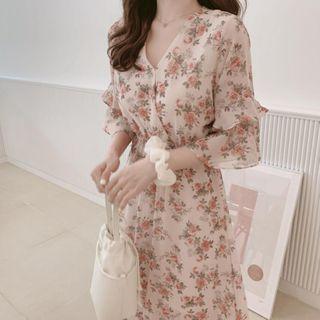 Elbow-sleeve V-neck Floral Ruffle Trim Chiffon Midi Dress
