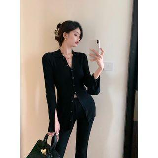 Long-sleeve Polo Collar Knit Top / Ribbed Boot-cut Pants