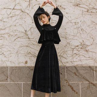 Set: Mock Turtleneck Knit Top + Spaghetti Strap Velvet Midi A-line Dress