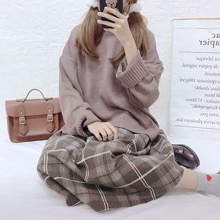 Plaid Midi Skirt / Plain Knit Sweater