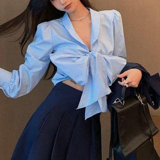 Ribbon Cropped Shirt / Cropped Blazer / Pleated Mini A-line Skirt