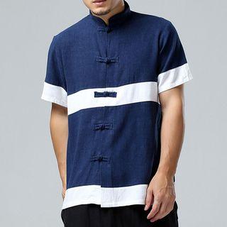 Mandarin Collar Frog Button Striped Short-sleeve Shirt