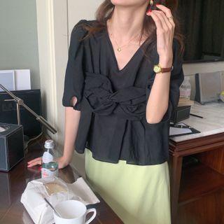 Puff-sleeve V-neck Plain Knotted Blouse