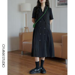 Short-sleeve Double-breasted Pleated Midi A-line Dress