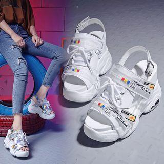 Iridescent Lettering Lace-up Detail Wedge Platform Sandals