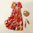 Short-sleeve Color Block Midi Smock Dress Tangerine - One Size