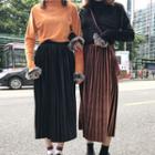 Long-sleeve Mock Neck Velvet Top / Midi A-line Pleated Skirt