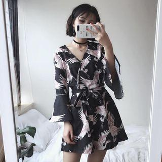 Crane Print Bell-sleeve Playsuit