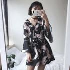 Crane Print Bell-sleeve Playsuit