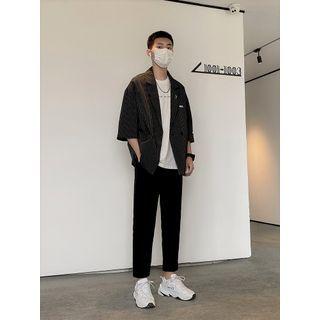 Elbow-sleeve Striped Blazer / Short-sleeve T-shirt / Straight Leg Cropped Pants / Set