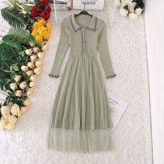 Long-sleeve Mesh Panel Maxi Knit Dress Green - One Size