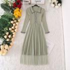 Long-sleeve Mesh Panel Maxi Knit Dress Green - One Size