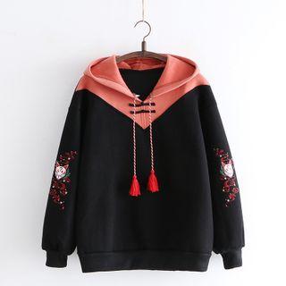 Fox Embroidered Color-block Hoodie Black - One Size