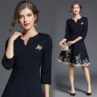 3/4-sleeve Notched Neck Embroidery Dress