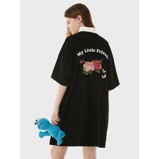 Contrast-collar Rose-printed Polo Dress Black - One Size