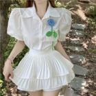 Puff-sleeve Plain Blouse / Layered Skort