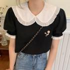 Peter Pan-collar Puff-sleeve Embroidered Flower Blouse Black - One Size