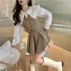 Long-sleeve Wide-collar Lace Trim Blouse / Vest / Pleated Mini A-line Skirt / Set