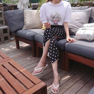 Band-waist Slit-side Dotted Skirt