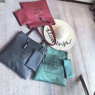 Lettering Faux Leather Shopper Bag With Pouch