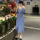 Long-sleeve Cold-shoulder Floral Midi A-line Dress