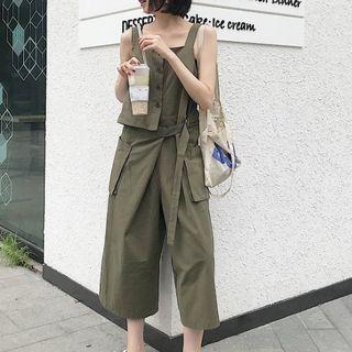 Sleeveless Wide Leg Jumpsuit Army Green - One Size