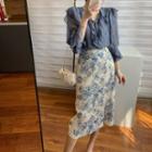 Set: Bell-sleeve Ruffled Blouse + Floral Print Midi A-line Skirt