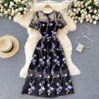Round-neck Short-sleeve Embroidered Mesh Dress