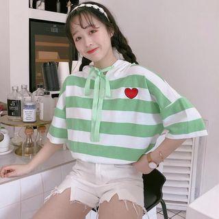 Embroidered Striped Elbow-sleeve Hooded T-shirt