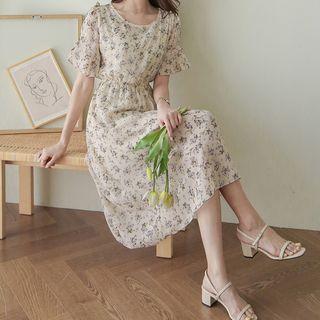 Tie-sleeve Floral Print A-line Dress
