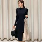 Long-sleeve Striped Panel Knit Midi A-line Dress Black - One Size