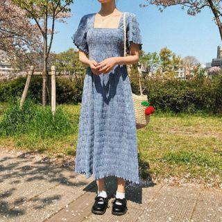Square Neck Short-sleeve Maxi A-line Dress