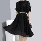Beaded Elbow-sleeve Chiffon Accordion Pleat Midi Dress