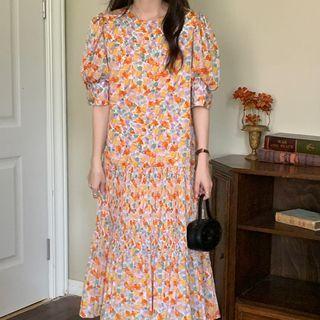 Short-sleeve Floral Chiffon Midi Smock Dress