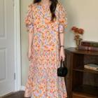 Short-sleeve Floral Chiffon Midi Smock Dress