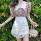 Puff-sleeve Floral Print Blouse / Eyelet Lace A-line Skirt