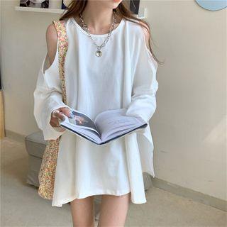 Cold-shoulder Slit-back Long-sleeve T-shirt