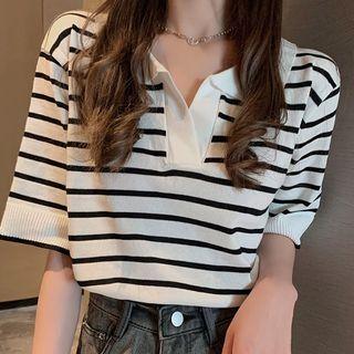 Short-sleeve Lapel Striped Knit Top