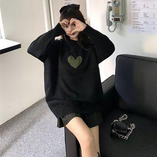 Heart Embroidered Long-sleeve Sweater Sweater - One Size
