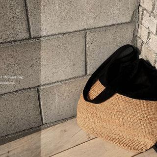 Raffia Panel Shopper Bag Black - One Size