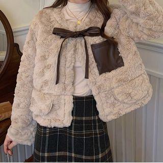 Fluffy Bow Jacket Milk Tea - One Size