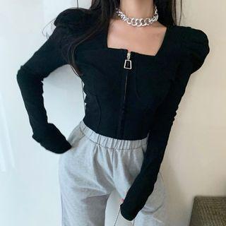 Long-sleeve Square-neck Zip Plain Knit Top