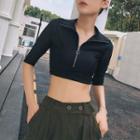 Half-zip Elbow-sleeved Crop T-shirt