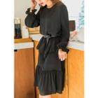 Tall Size Pleat-sleeve Frill-trim Midi Chiffon Dress