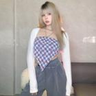 Set: Long-sleeve Crop Top + Cherry Print Cropped Halter Top