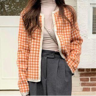Checked Cardigan / Long-sleeve Turtleneck Top