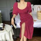Puff-sleeve Ruched Slit Dress