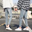 Couple Matching Cropped Ripped Straight Cut Jeans