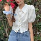 Puff-sleeve Collared Shirred Blouse